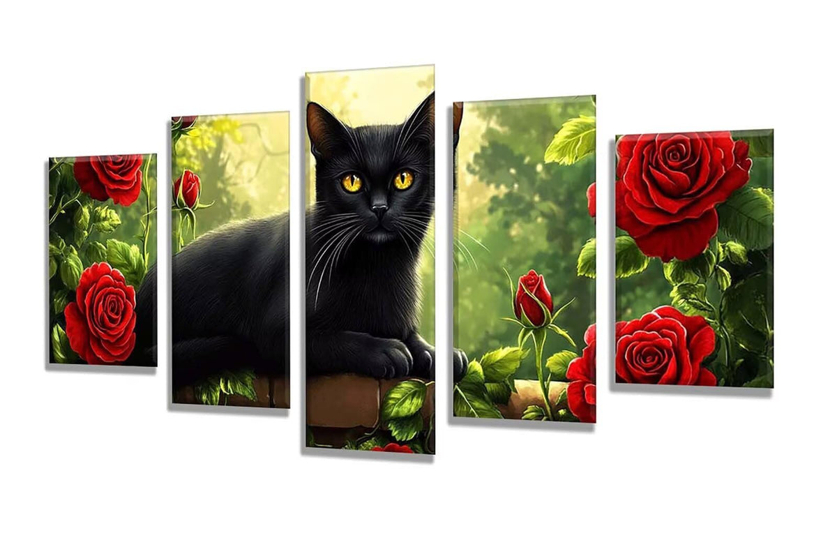 Diamond Painting Cat Rose 5 Panel Diamond Art Kits for Adults, 5D DIY Full Drill Rhinestone Embroidery Paintings, Cross Stitch Crystal Art Paint by Numbers Crafts for Home Decor Gifts 109x65in q-9184