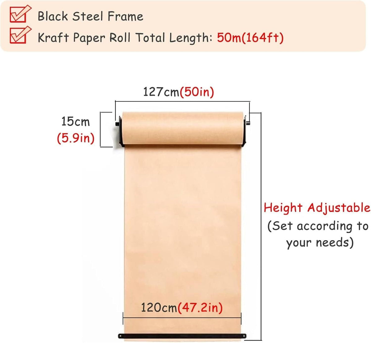 Bulletin Board Paper Black Roller Kraft Paper Roll Display Shelf, for Shopping List/Working Notes, Wall Mounted Dispenser & Cutter for Craft Poster Art Paper Roll Christmas Bouquet(Steel Frame