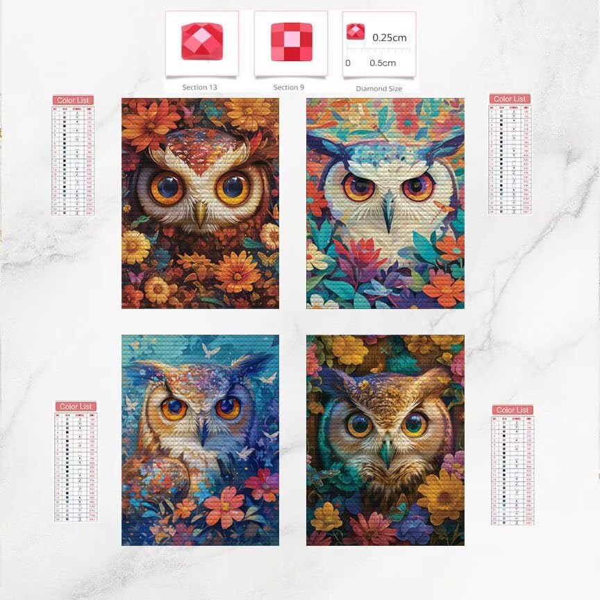 4 Pack Flower Diamond Art Kits 24x36inch Diamond Painting Owl, Full Square Drill Gem Art Painting Kits DIY Crystal Embroidery Cross Stitch Arts and Crafts for Girls 8-12, Home Wall Decor Gifts O-445y