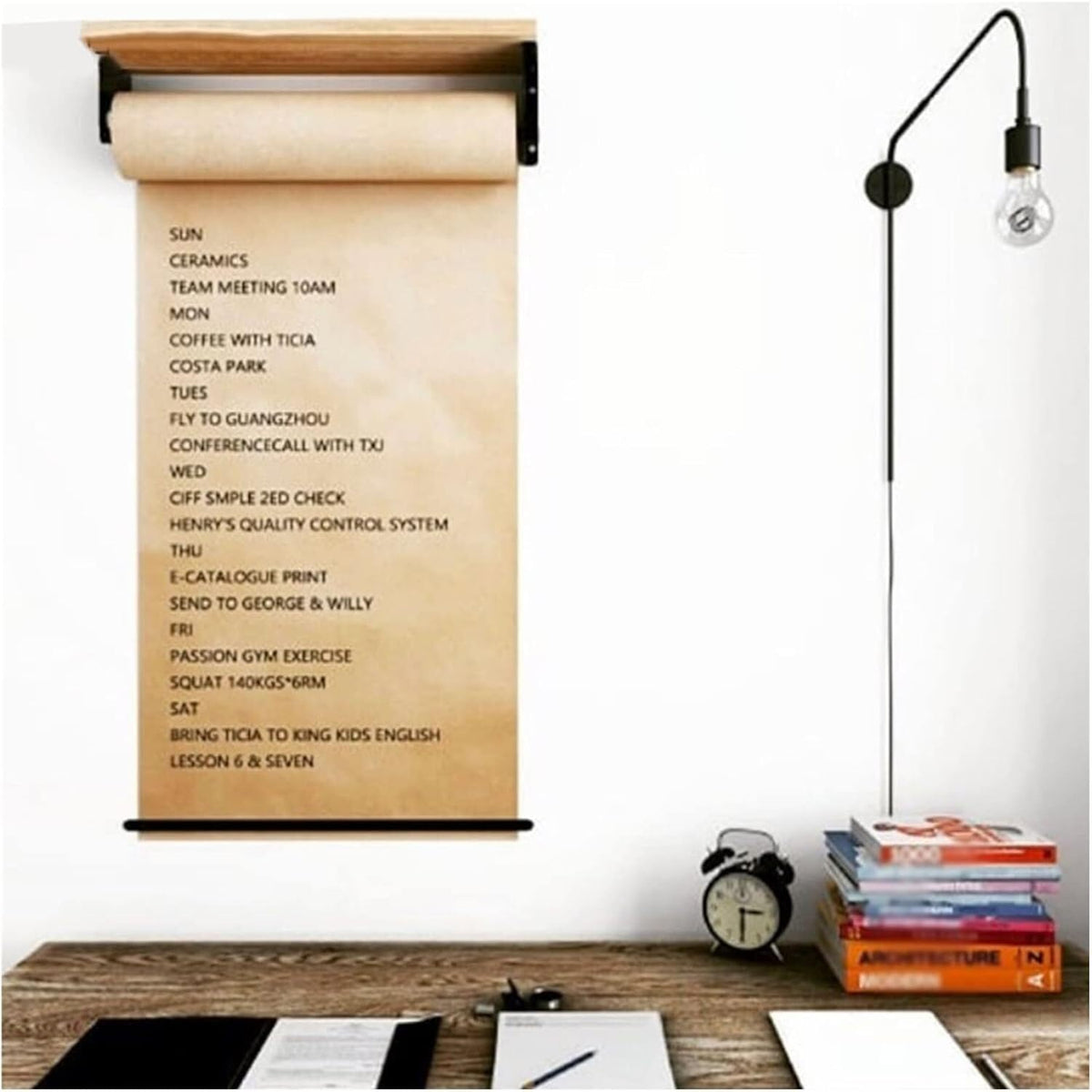 Bulletin Board Paper Wall Mount Kraft Paper Roll Display with Wood Shelf & 50m Paper Roll，for Grocery List/Schedule Reminders for Craft Poster Art Paper Roll Christmas Bouquet(100cm/39.4in