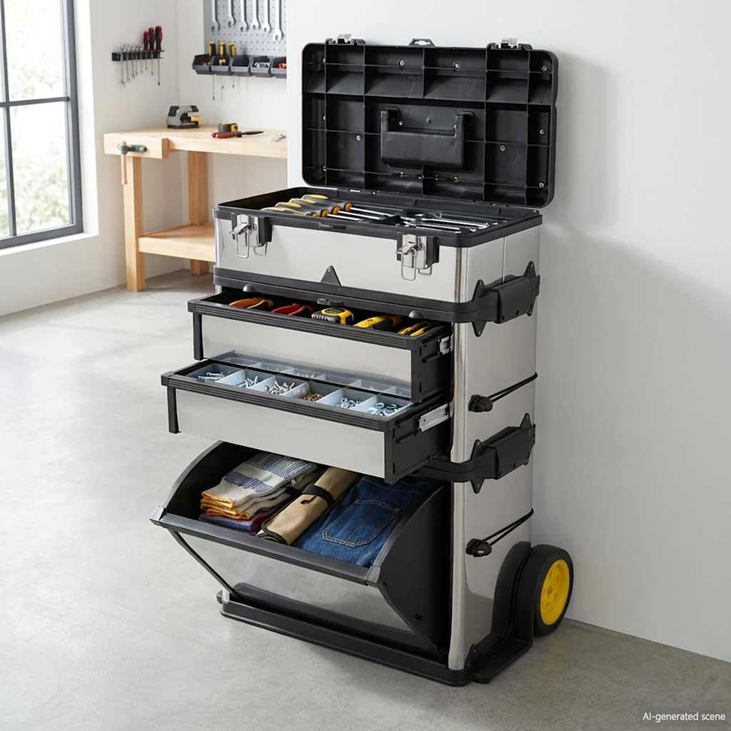 3-Part Rolling Tool Box, Stainless Steel Storage Organizer, Silver