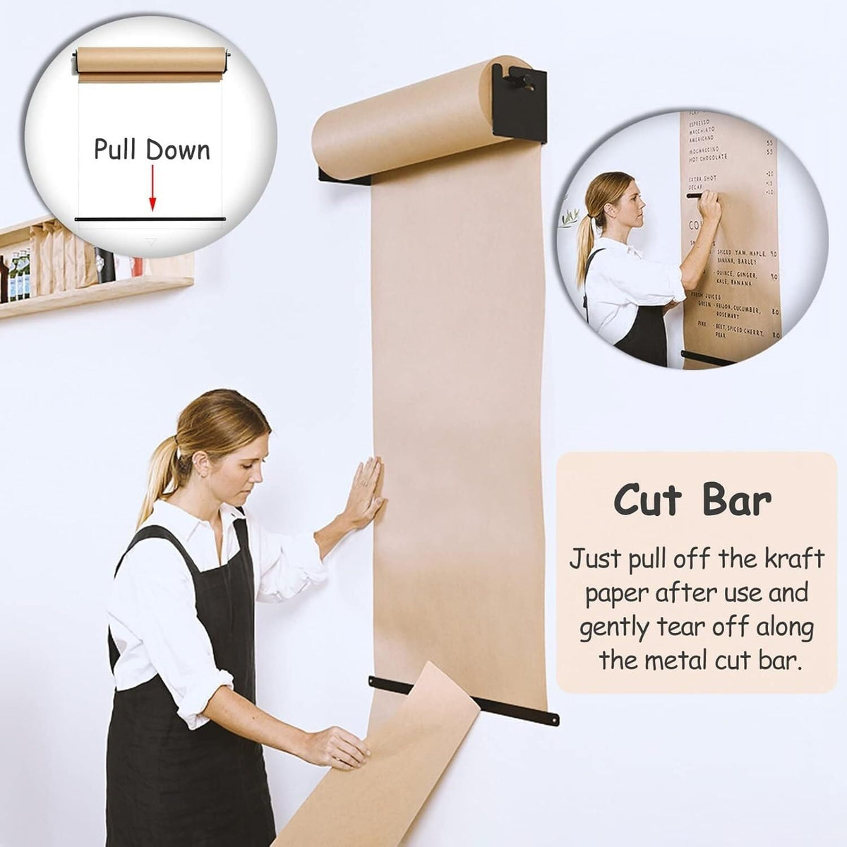 Bulletin Board Paper Black Roller Kraft Paper Roll Display Shelf, for Shopping List/Working Notes, Wall Mounted Dispenser & Cutter for Craft Poster Art Paper Roll Christmas Bouquet(Steel Frame