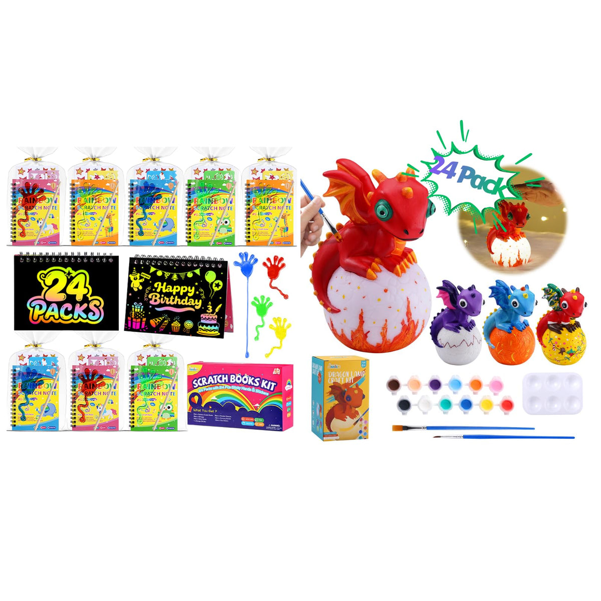 24 Packs Scratch Art Notebook+Sticky Hands+Stickers+Dragon Lamp Craft Kit