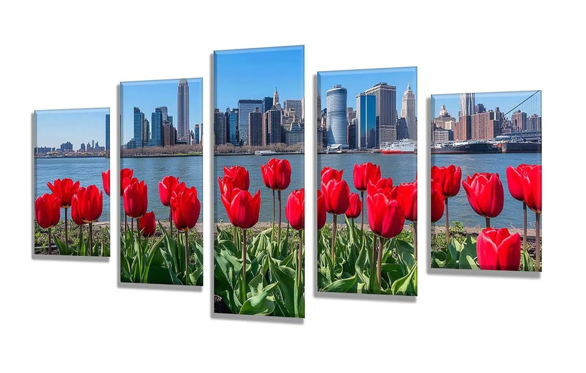 Diamond Painting City Flower 5 Panel Diamond Art Kits for Adults, 5D DIY Full Drill Rhinestone Embroidery Paintings, Cross Stitch Crystal Art Paint by Numbers Crafts, Home Decor 109x65in q-10053