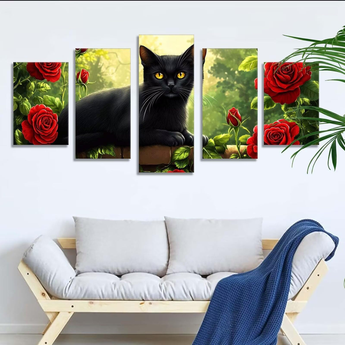 Diamond Painting Cat Rose 5 Panel Diamond Art Kits for Adults, 5D DIY Full Drill Rhinestone Embroidery Paintings, Cross Stitch Crystal Art Paint by Numbers Crafts for Home Decor Gifts 109x65in q-9184