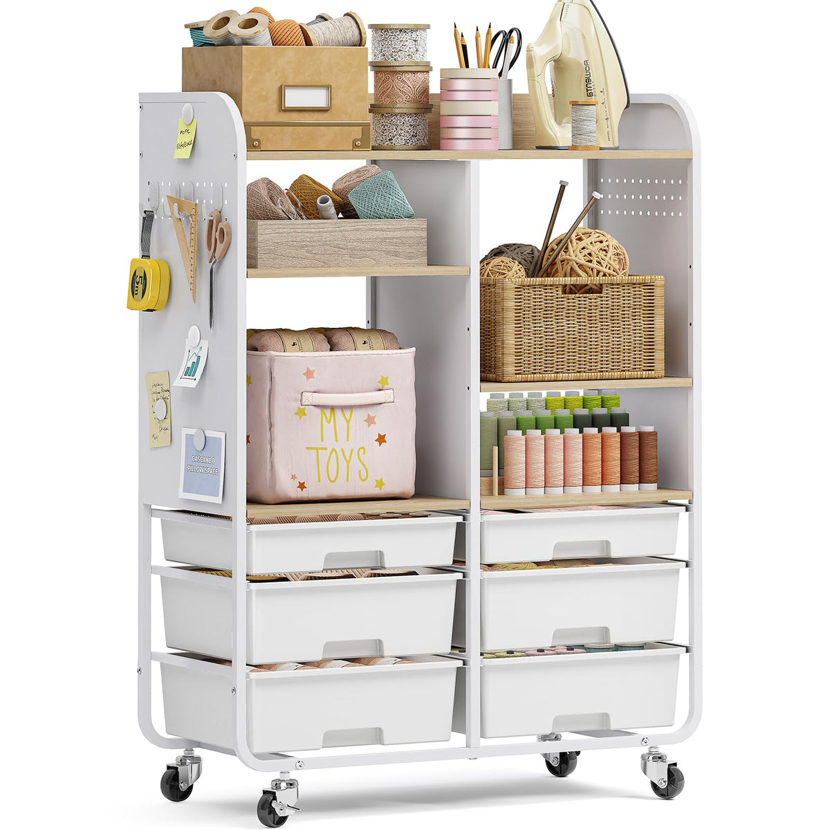6 Drawers Rolling Storage Cabinet with Wood Top& Pegboards Green
