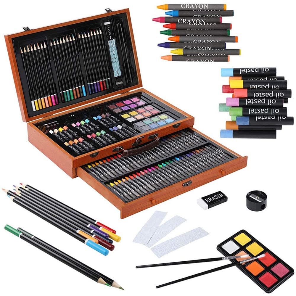 Art Supplies, 142-Piece Deluxe Wooden Art Set Crafts Kit, Oil Pastels, Colored Pencils, Watercolor Cakes, Creative Gift for Kids, Teens, Beginners Girls Boys