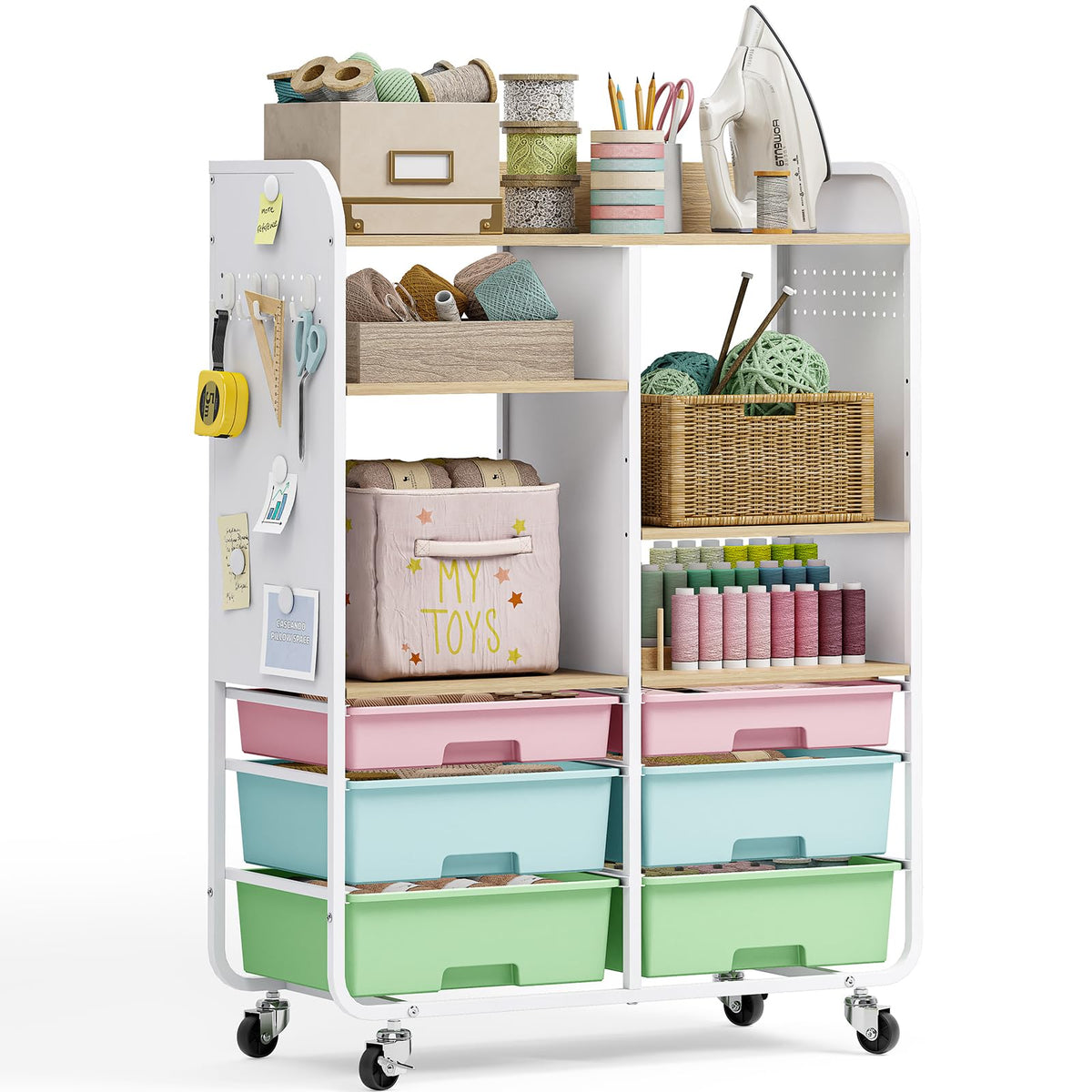 6 Drawers Rolling Storage Cabinet with Wood Top& Pegboards Green