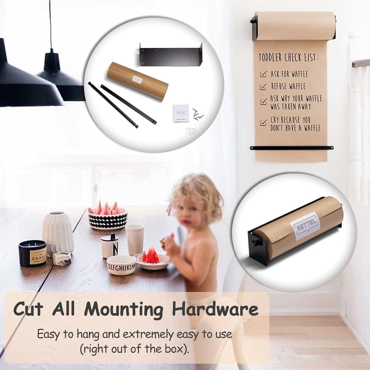 Bulletin Board Paper Black Roller Kraft Paper Roll Display Shelf, for Shopping List/Working Notes, Wall Mounted Dispenser & Cutter for Craft Poster Art Paper Roll Christmas Bouquet(Steel Frame
