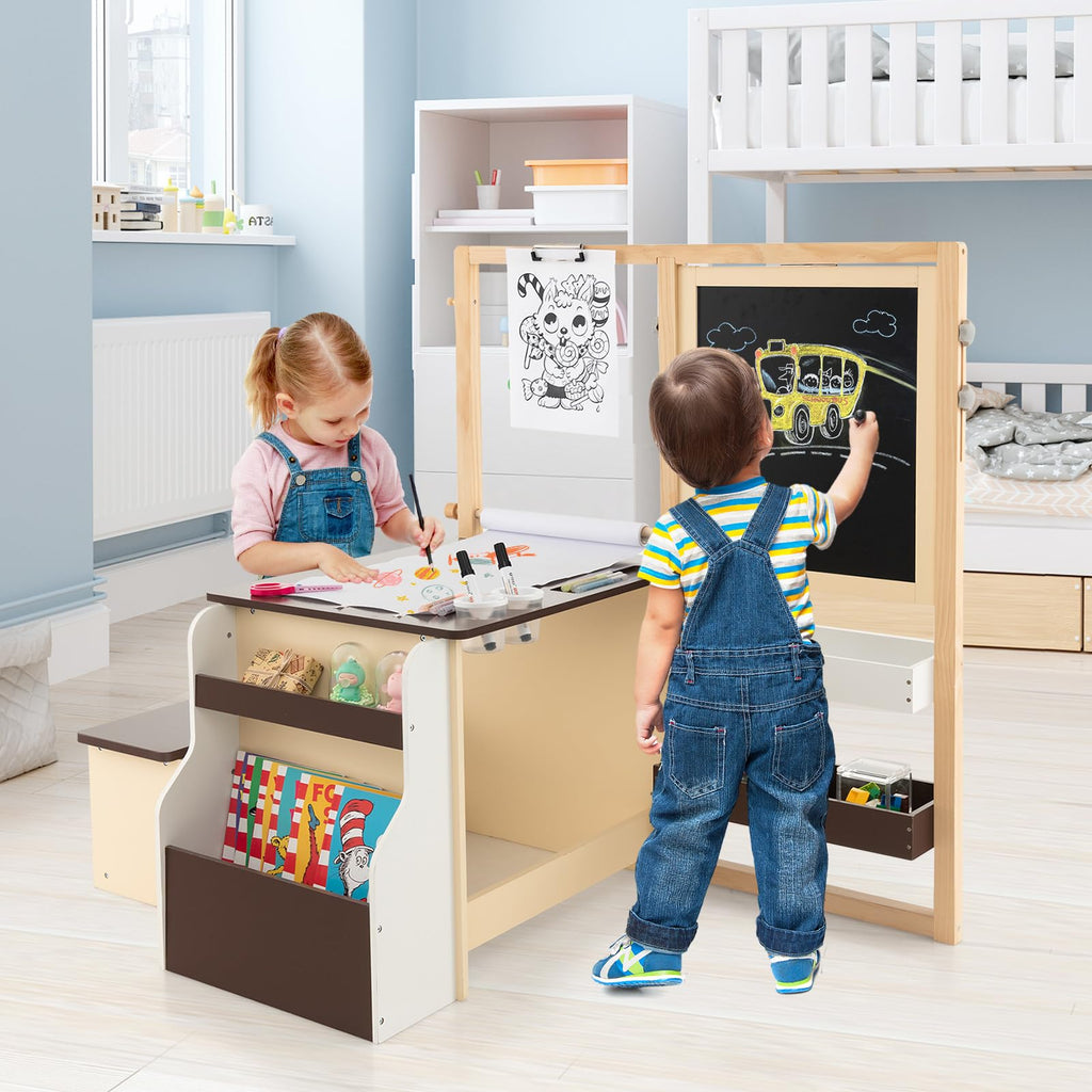 Costzon Easel for Kids, Wooden Art Center with Double-Sided Blackboard & Whiteboard, Paper Roll for Drawing, Crafts, Writing, Toddler Activity Table with Storage, Kids Table and Chair Set (Brown)