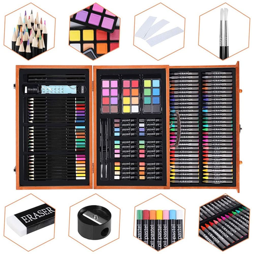 Art Supplies, 142-Piece Deluxe Wooden Art Set Crafts Kit, Oil Pastels, Colored Pencils, Watercolor Cakes, Creative Gift for Kids, Teens, Beginners Girls Boys