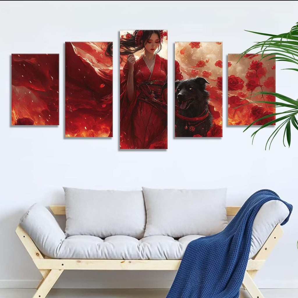 Diamond Painting Dog Girl 5 Panel Diamond Art Kits for Adults, 5D DIY Full Drill Rhinestone Embroidery Paintings, Cross Stitch Crystal Art Paint by Numbers Crafts for Home Decor Gifts 109x65in q-9778