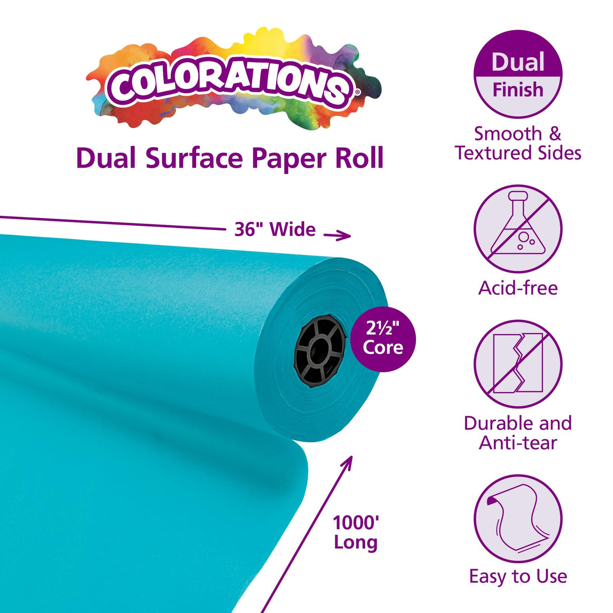 Colorations Arts and Crafts Paper Roll, 36" x 1000', Aqua, Dual Surface, Markers, Wall Art, Bulletin Board Paper, Kids Crafts