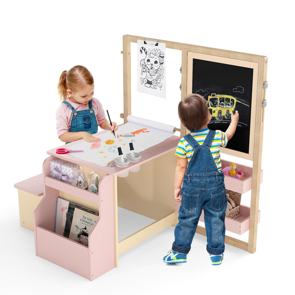 Costzon Easel for Kids, Wooden Art Center with Double-Sided Blackboard & Whiteboard, Paper Roll for Drawing, Crafts, Writing, Toddler Activity Table with Storage, Kids Table and Chair Set (Brown)