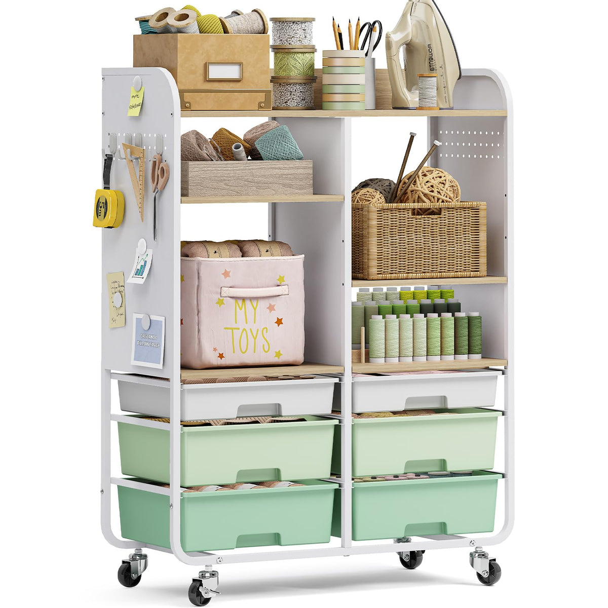 6 Drawers Rolling Storage Cabinet with Wood Top& Pegboards Green