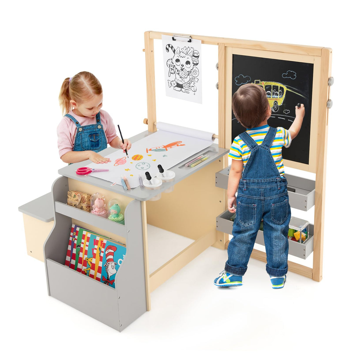 Costzon Easel for Kids, Wooden Art Center with Double-Sided Blackboard & Whiteboard, Paper Roll for Drawing, Crafts, Writing, Toddler Activity Table with Storage, Kids Table and Chair Set (Brown)