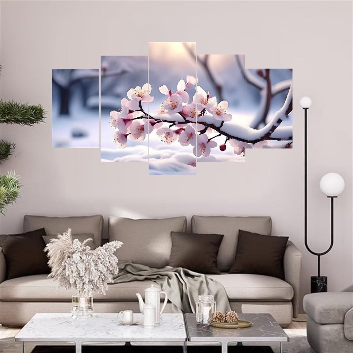 Diamond Art Plum Blossom Snow Diamond Painting 5 Panel Large Diamond Painting Kits, Paint by Numbers Kit for Adults Beginners Arts & Crafts for Home Wall Art Painting Decor 250x150cm/100x60in E-7411