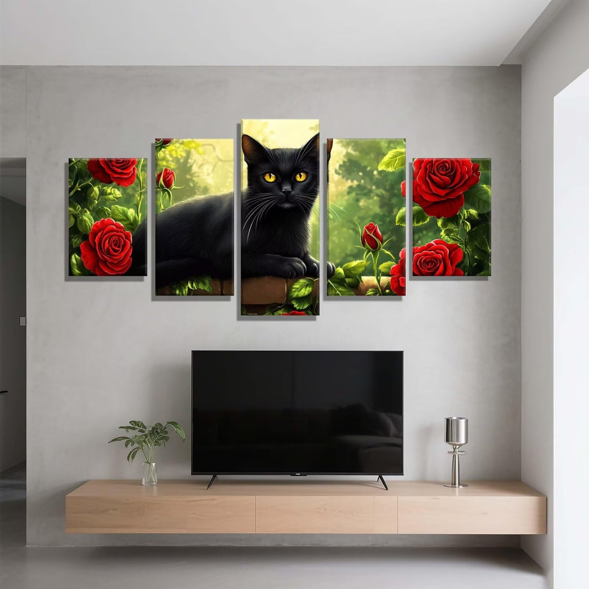 Diamond Painting Cat Rose 5 Panel Diamond Art Kits for Adults, 5D DIY Full Drill Rhinestone Embroidery Paintings, Cross Stitch Crystal Art Paint by Numbers Crafts for Home Decor Gifts 109x65in q-9184