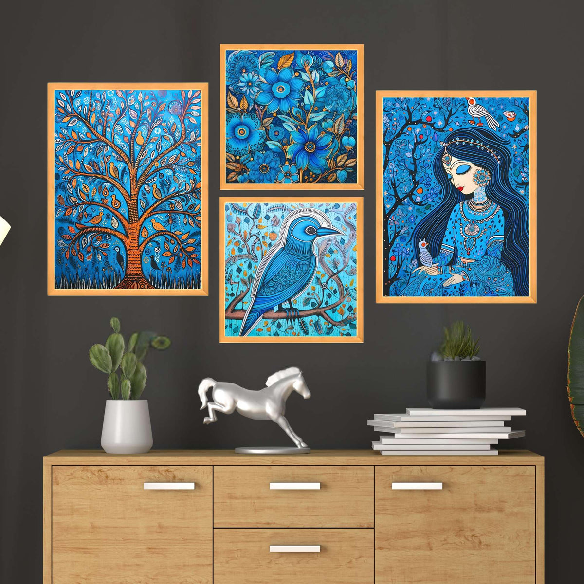 Bhavya Craft Emporium Hub Set of Four Wall Paintings for Wall Dacoration Large Framed Wall Paintings for Living Room & Bedroom Wall Art for Home Decoration & Office Wall Decor (13x10 inch CH-WD4-7)
