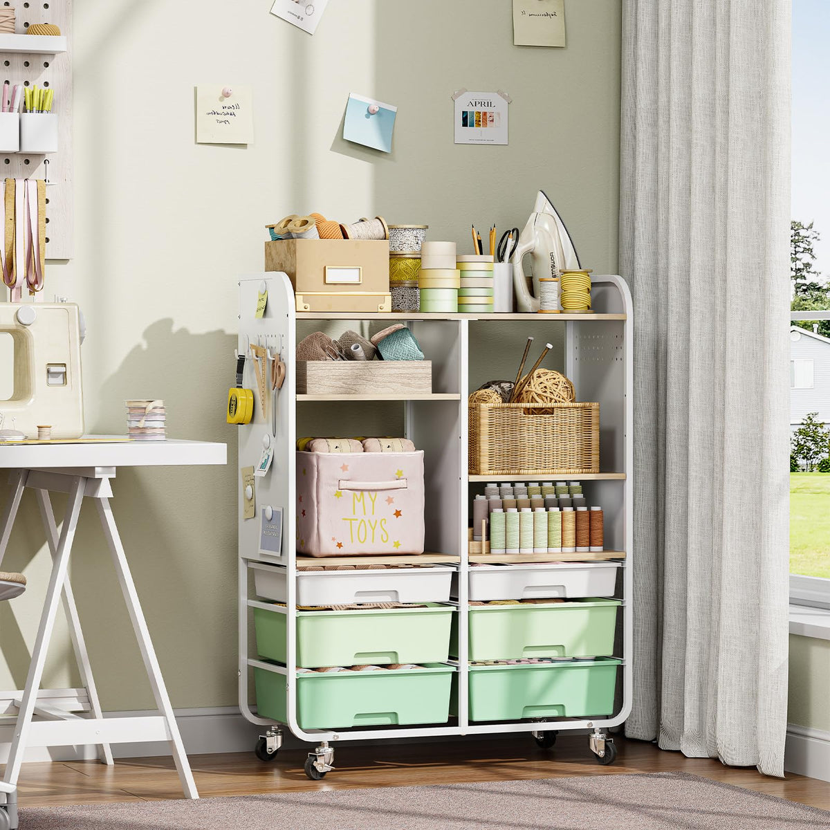 6 Drawers Rolling Storage Cabinet with Wood Top& Pegboards Green