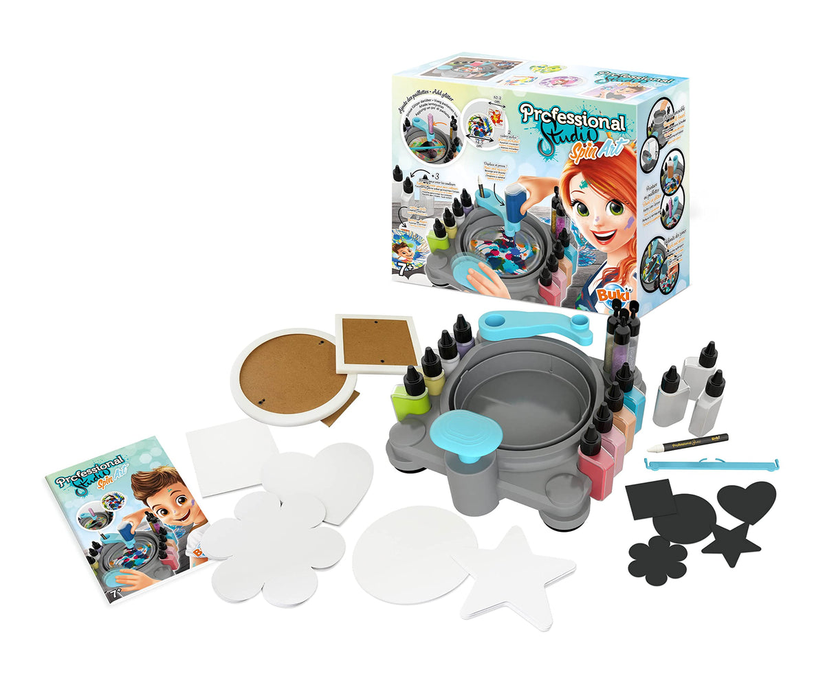 BUKI France Professional Studio Spin Art. Arts & Crafts Kit & Supplies. Kids Painting Set with Paint, Glitter & Accessories. DIY Creative Paint Machine for Children. Gift Suitable for Boys & Girls 7+